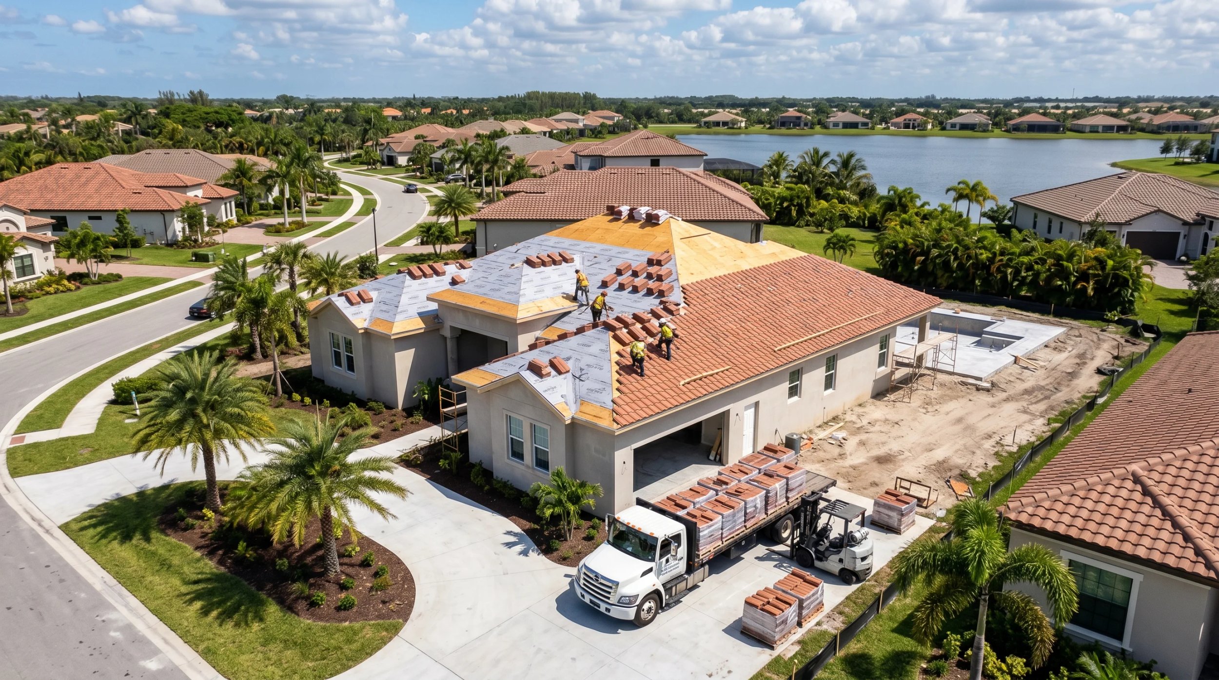 Construction workers installing a new roof on a house.