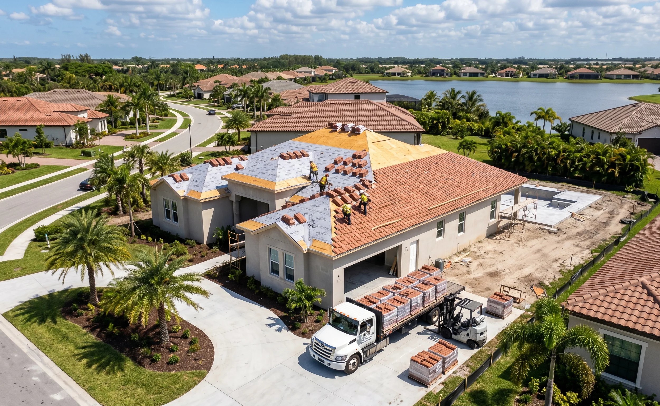 Construction workers installing a new roof on a house.