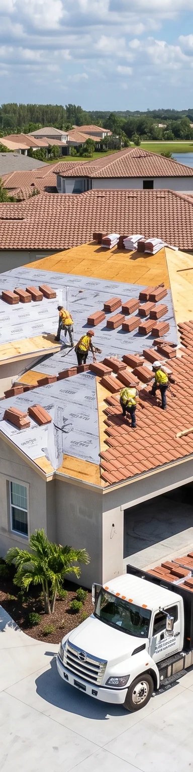 Construction workers installing a new roof on a house.