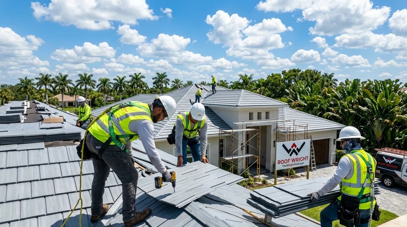 Roofers installing shingles on a residential roof