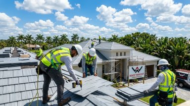Roofers installing shingles on a residential roof
