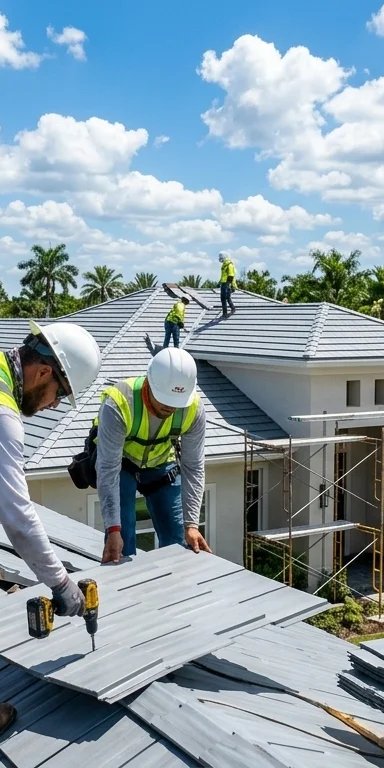 Roofers installing shingles on a residential roof