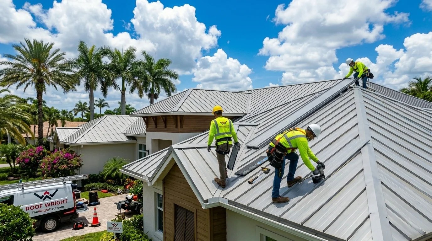 Roofers installing a metal roof on a sunny day