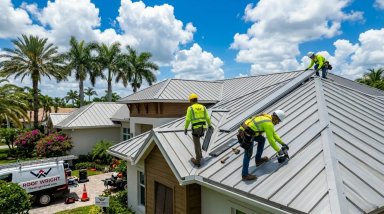 Roofers installing a metal roof on a sunny day