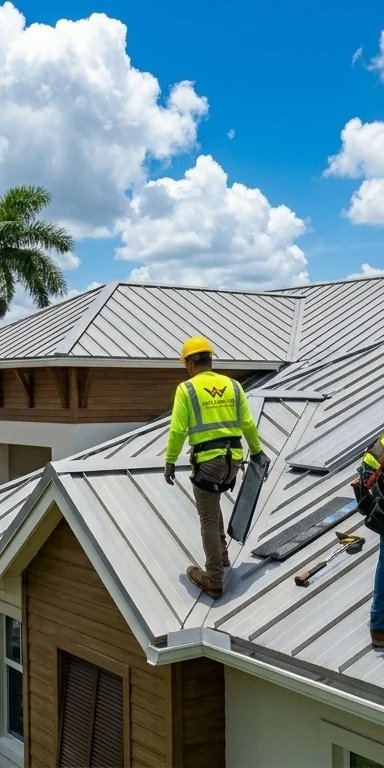 Roofers installing a metal roof on a sunny day