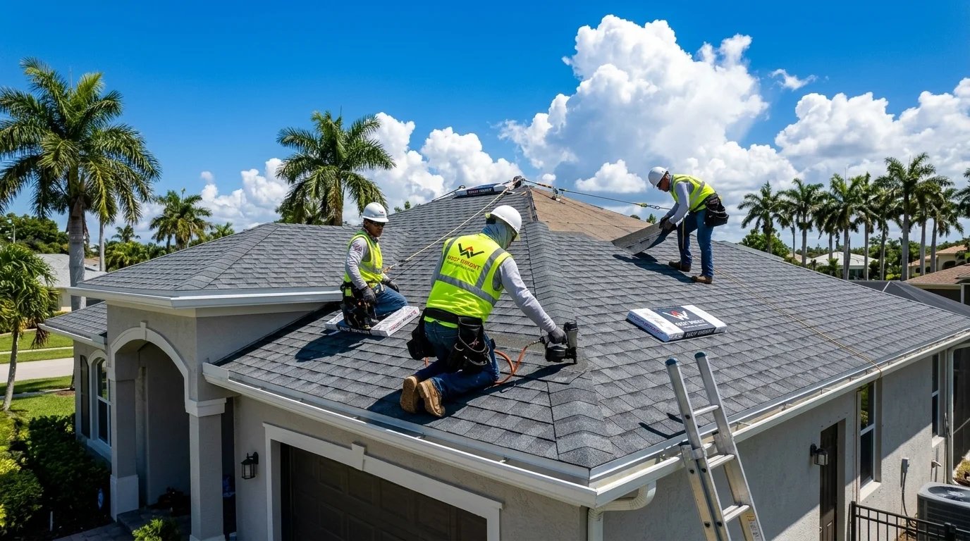 Roofing contractors working on a house under a blue sky.