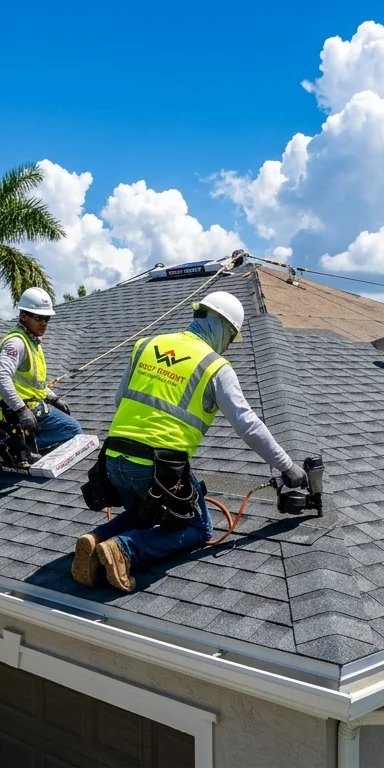 Roofing contractors working on a house under a blue sky.