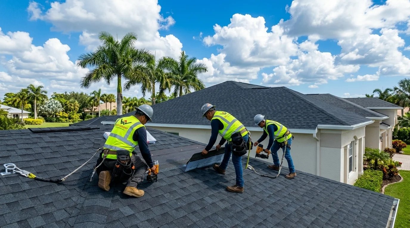 Roofing workers installing shingles on a house under a blue sky with clouds.