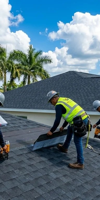 Roofing workers installing shingles on a house under a blue sky with clouds.