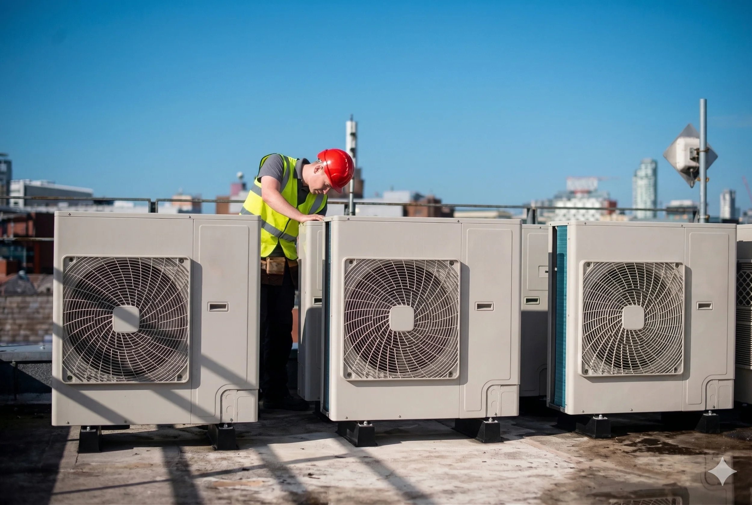 Technician working on rooftop air conditioning units.