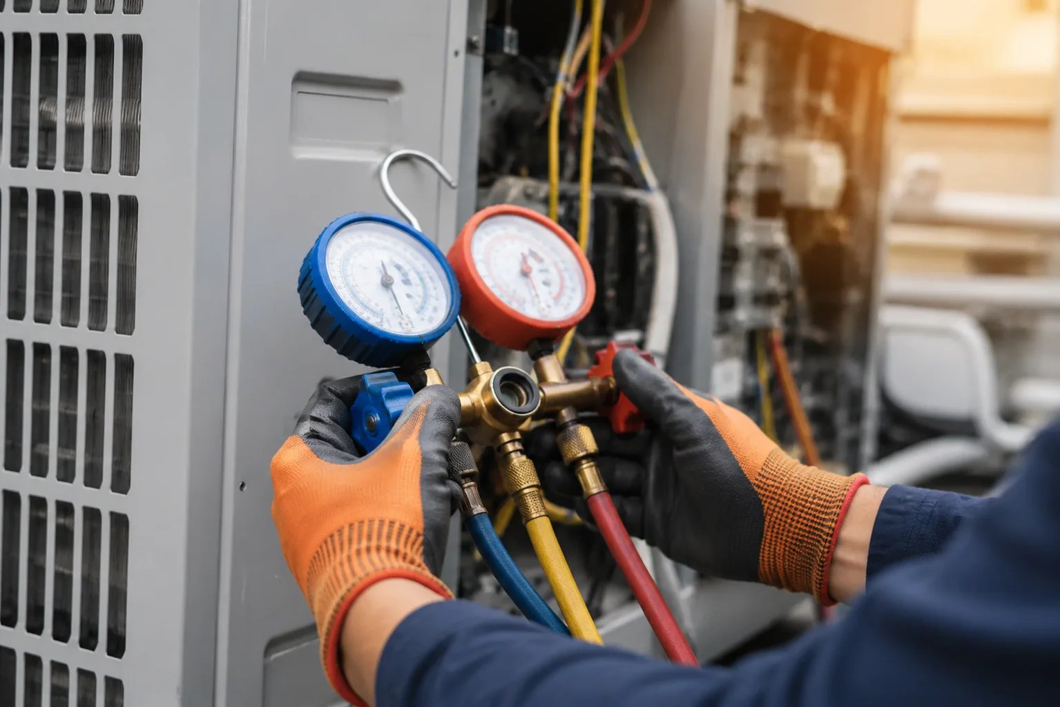HVAC technician using gauges on air conditioning unit