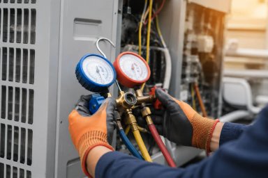 HVAC technician using gauges on air conditioning unit