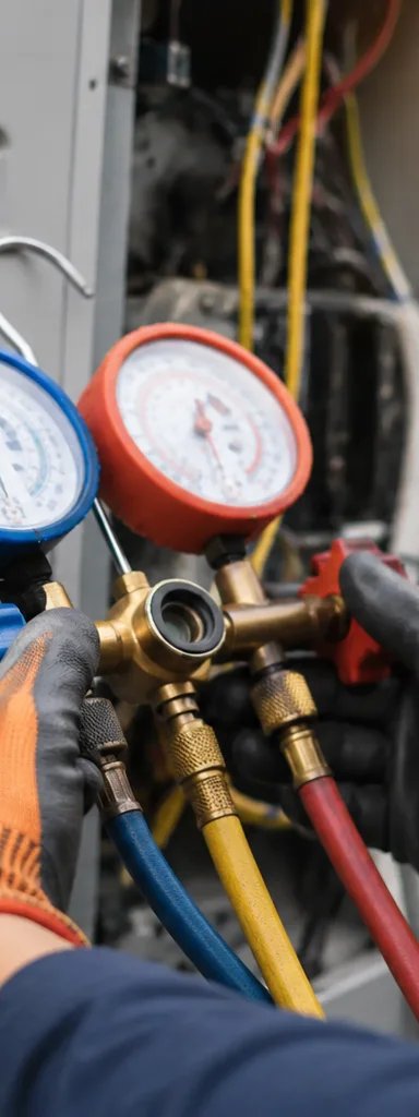 HVAC technician using gauges on air conditioning unit