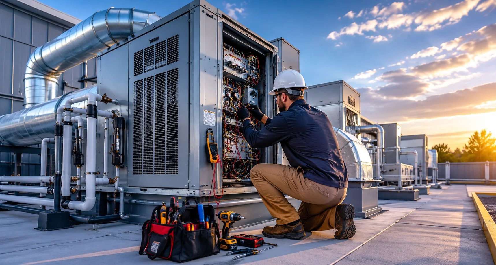 Technician servicing HVAC unit at sunset