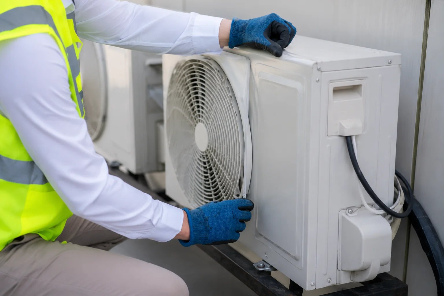 Technician servicing an air conditioning unit