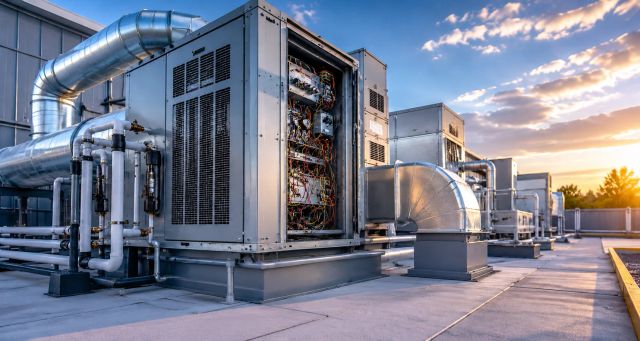 Industrial HVAC units on a rooftop during sunset