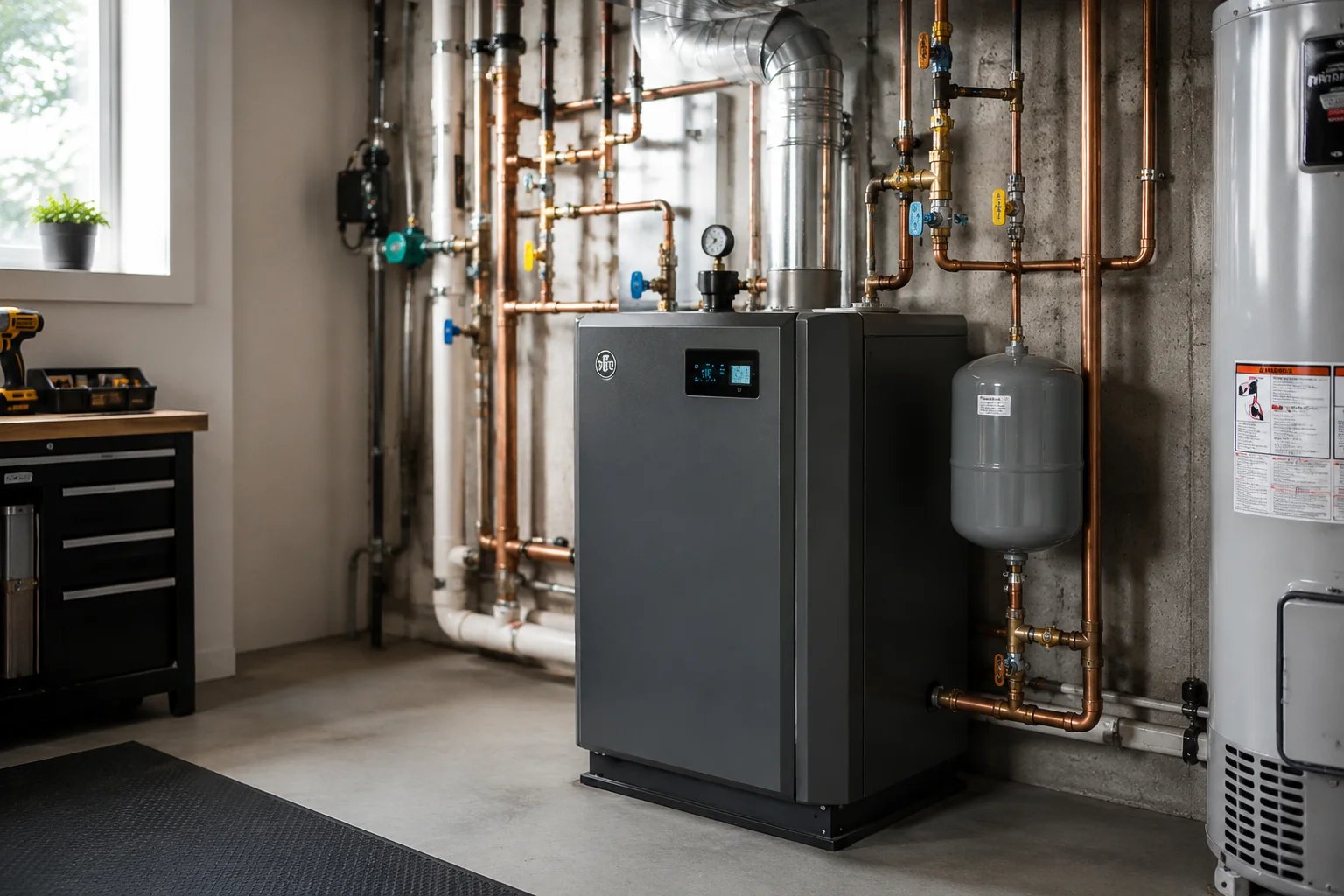 Modern boiler system with copper piping in industrial setting