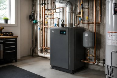 Modern boiler system with copper piping in industrial setting