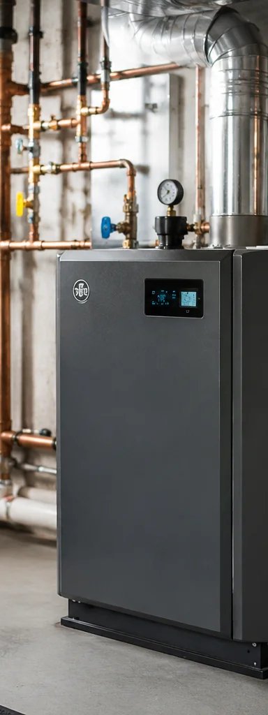 Modern boiler system with copper piping in industrial setting