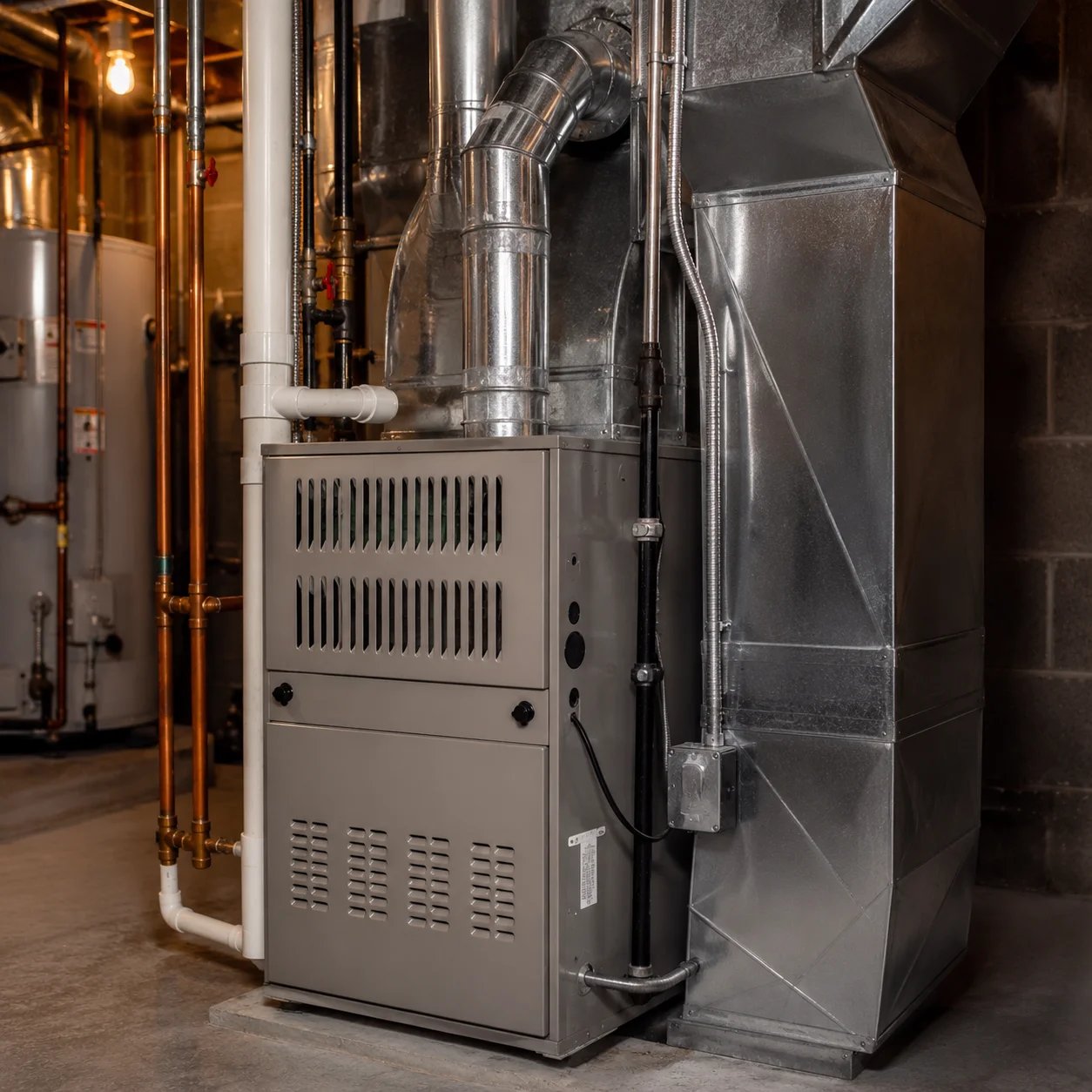 Residential furnace and ductwork in basement