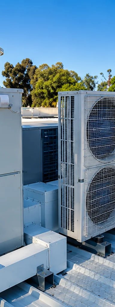 Commercial rooftop HVAC units under a clear blue sky