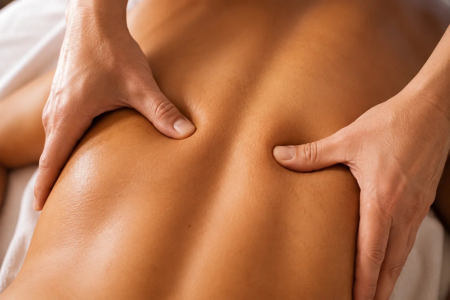 Close-up of a massage being performed on a back.