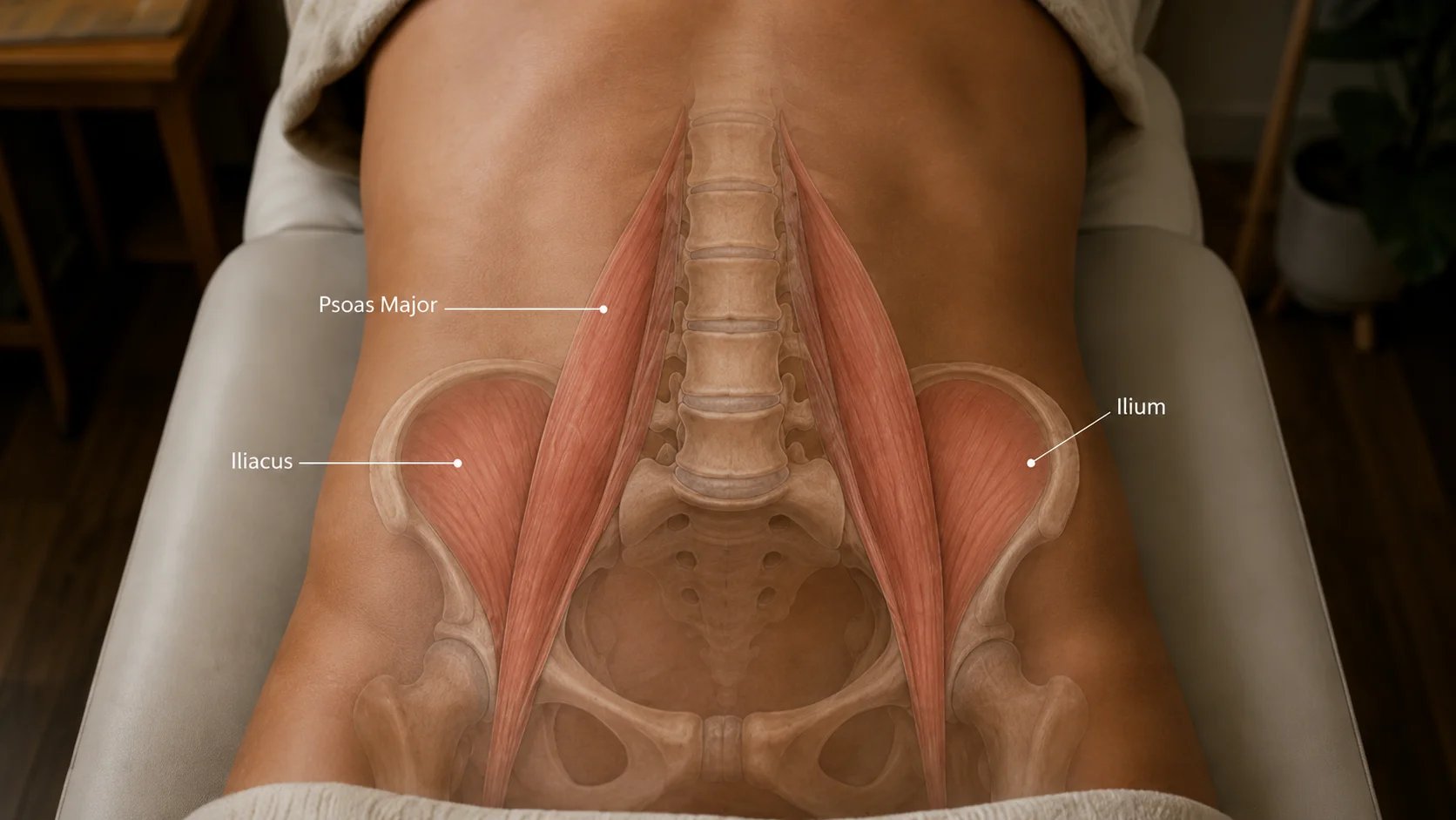 Anatomical illustration of the human torso showing psoas major and iliacus muscles.