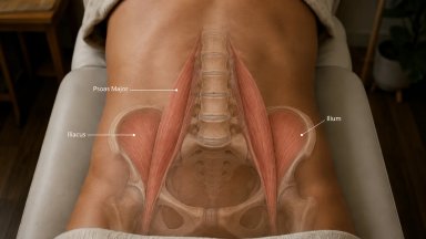 Anatomical illustration of the human torso showing psoas major and iliacus muscles.