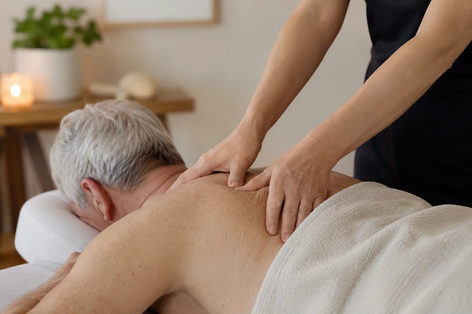 Therapist giving massage to an older man