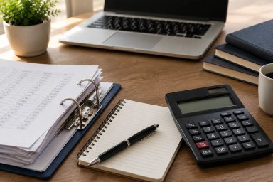 Office desk with calculator, notebook, and laptop.