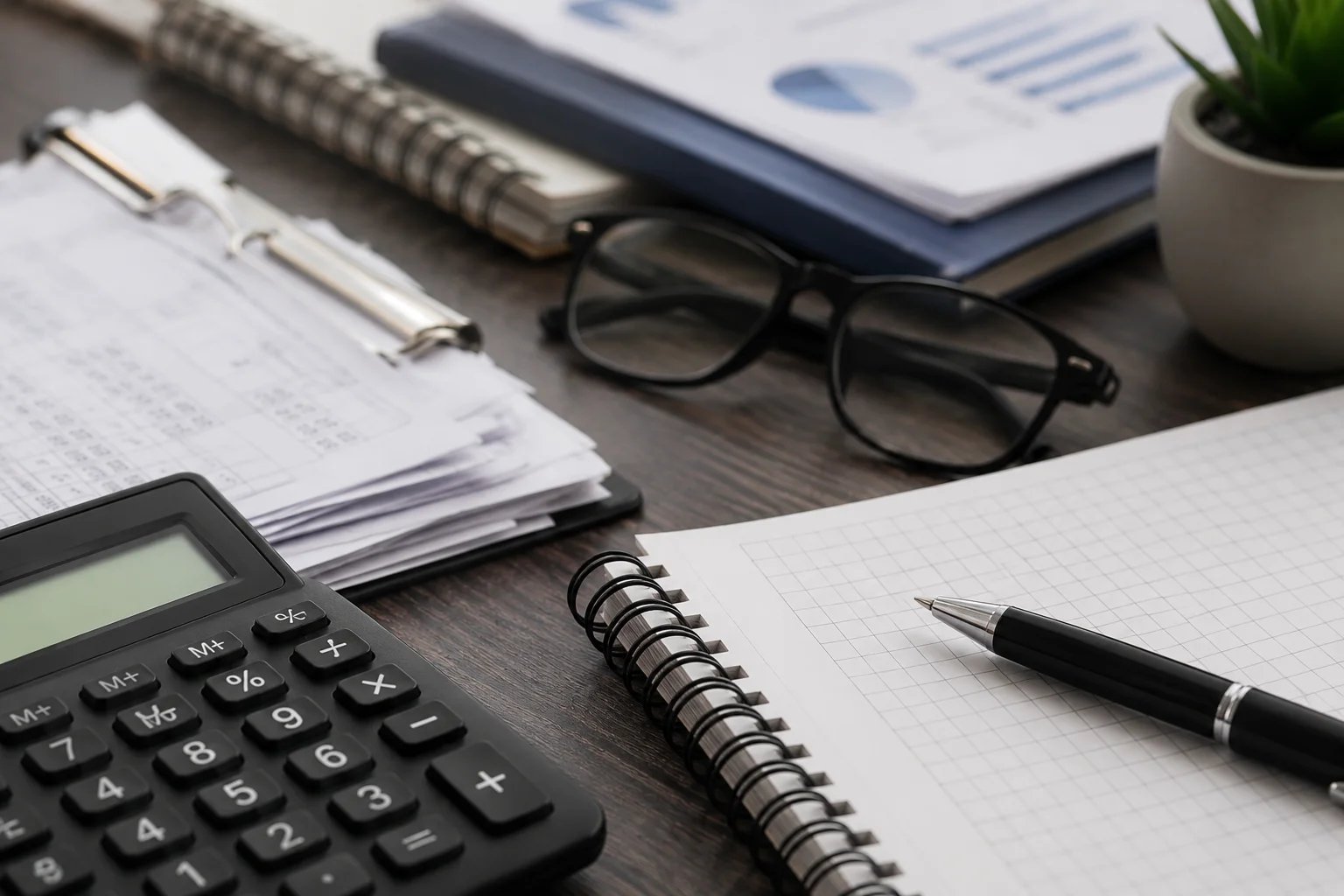 Office desk with calculator, notebook, and charts.