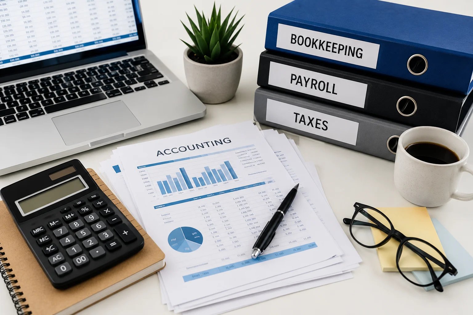 Accounting workspace with laptop, documents, and calculator