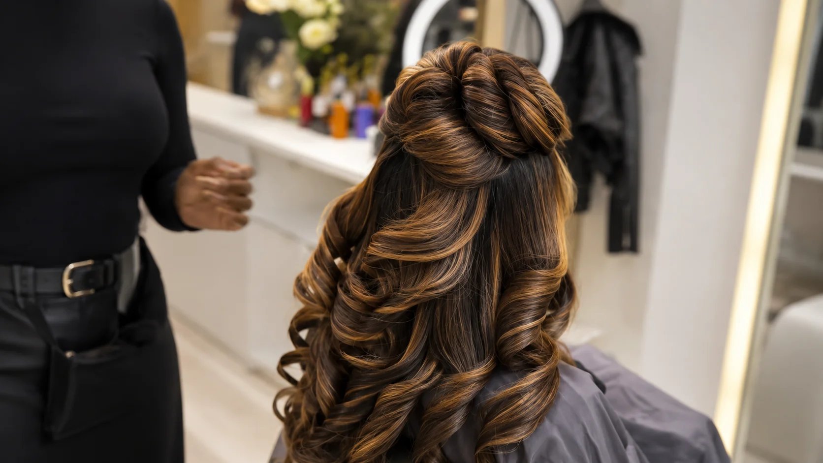 A hairstylist demonstrating a curling technique on a client's hair.