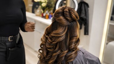 A hairstylist demonstrating a curling technique on a client's hair.