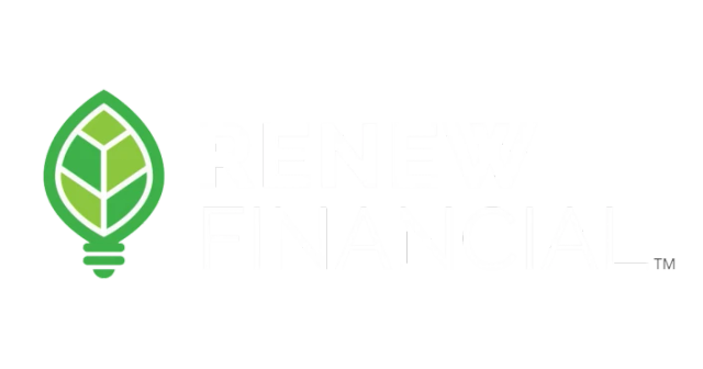 Renew Financial logo featuring a green light bulb and leaf design.