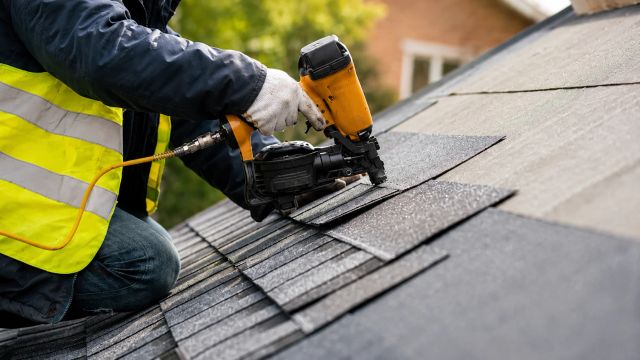 Construction worker installing roofing shingles using a nail gun.