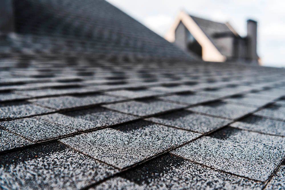 Close-up of a textured asphalt shingle roof