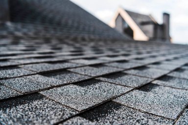 Close-up of a textured asphalt shingle roof