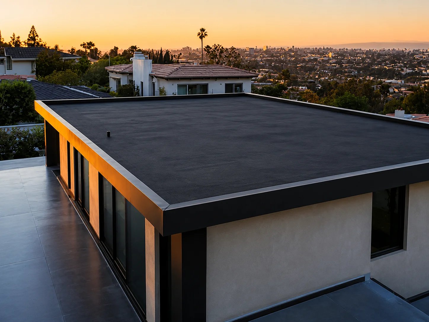 Modern residential building with urban sunset view