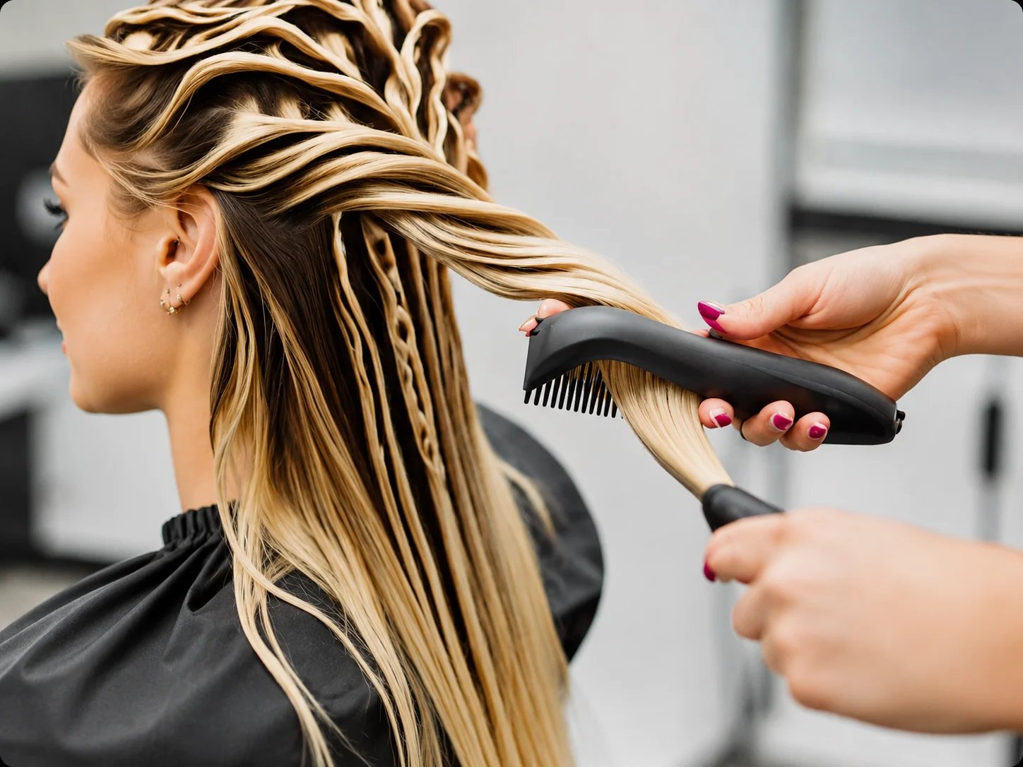 A woman getting her hair styled with a comb by a stylist.