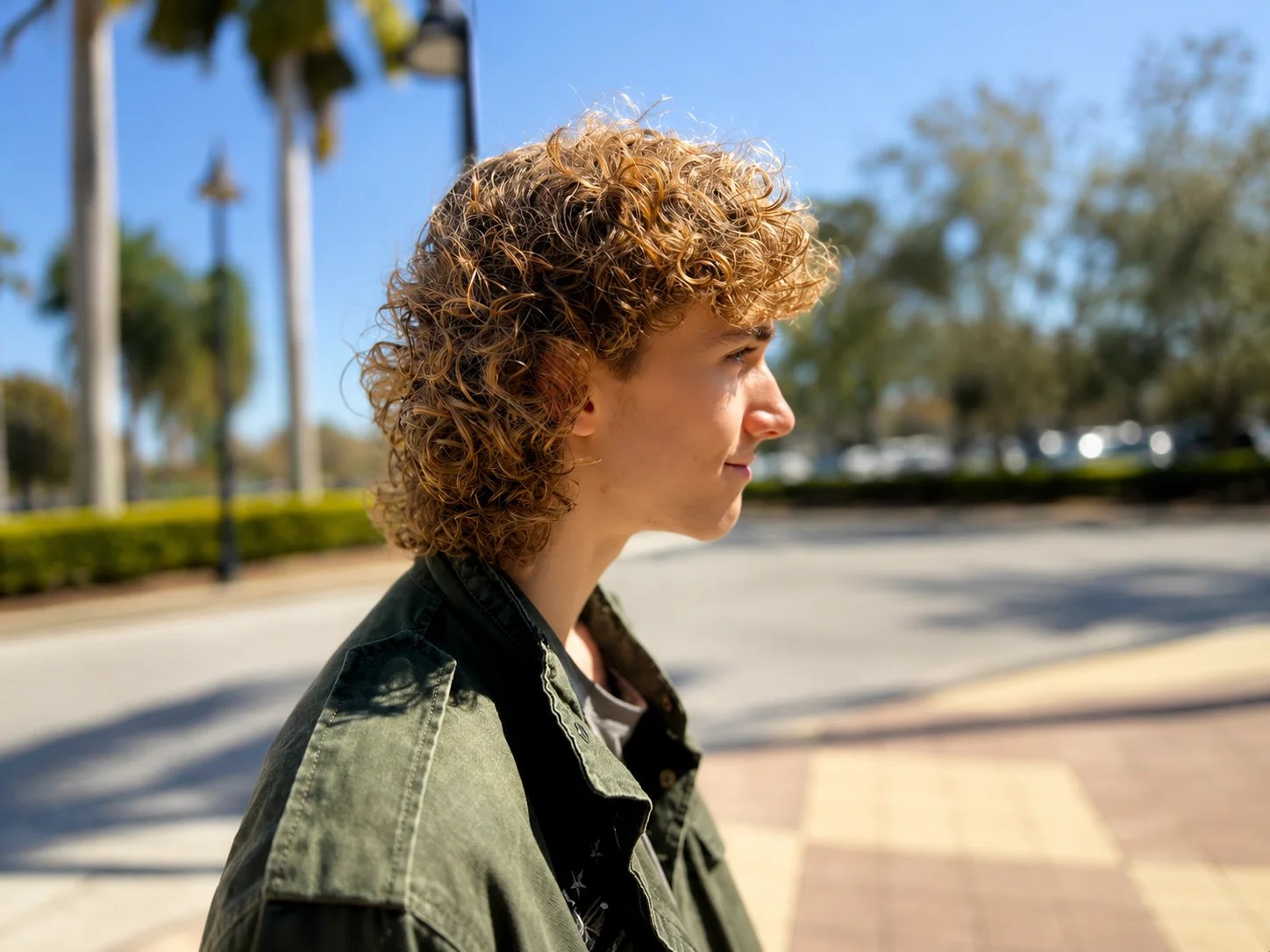 Young person with curly hair in outdoor setting