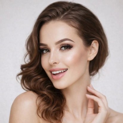 Smiling woman with wavy hair and makeup