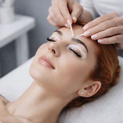 A woman receiving eyebrow shaping at a beauty salon