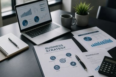 Business strategy documents and tools on a desk.