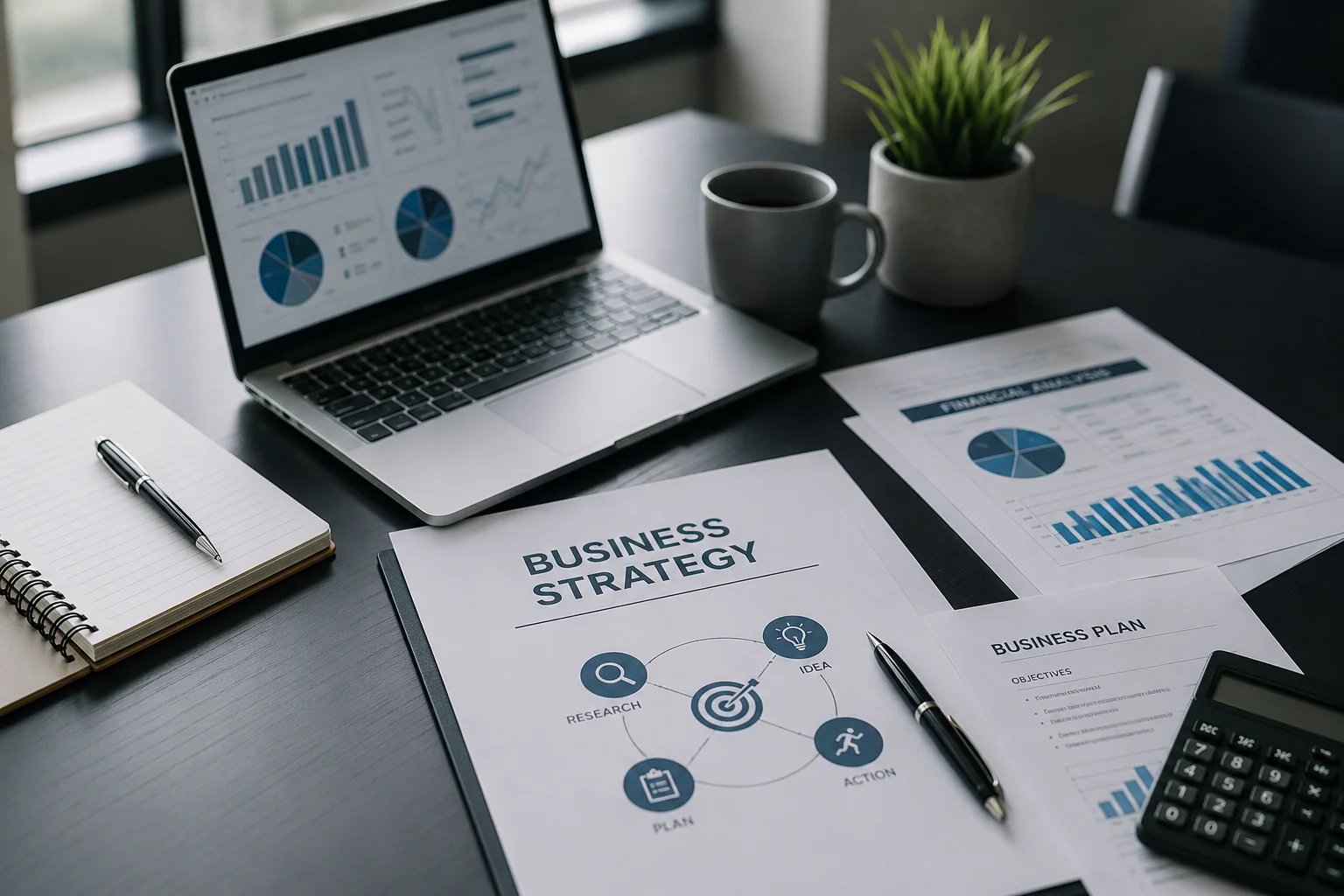 Business strategy documents and tools on a desk.