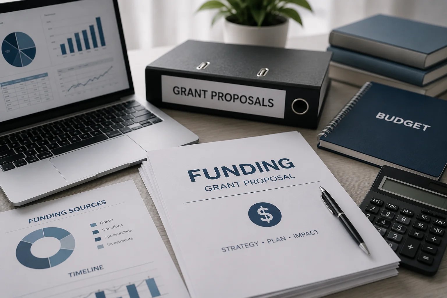 Office workspace featuring funding proposal documents