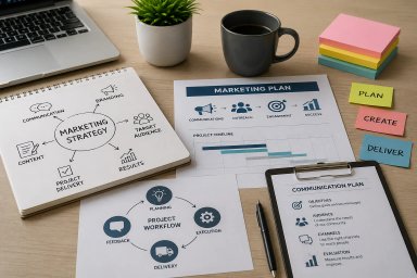 Marketing strategy documents on a desk with coffee.