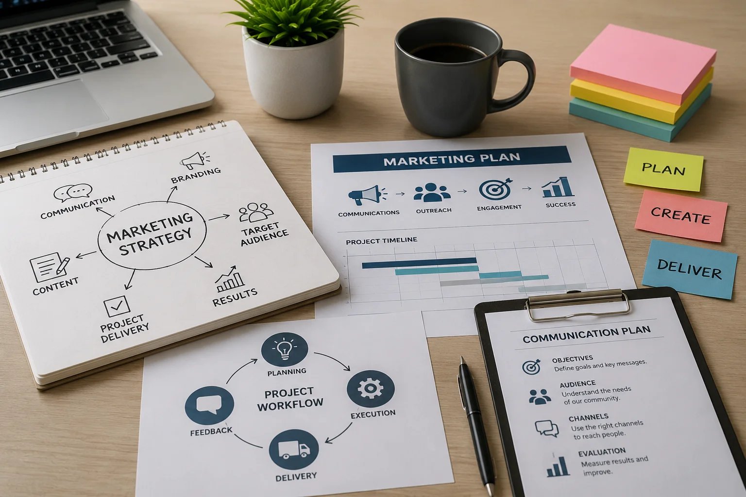 Marketing strategy documents on a desk with coffee.
