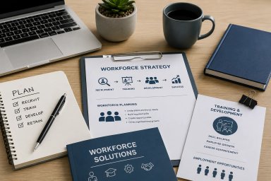 Workforce strategy documents on a desk with a laptop and coffee.