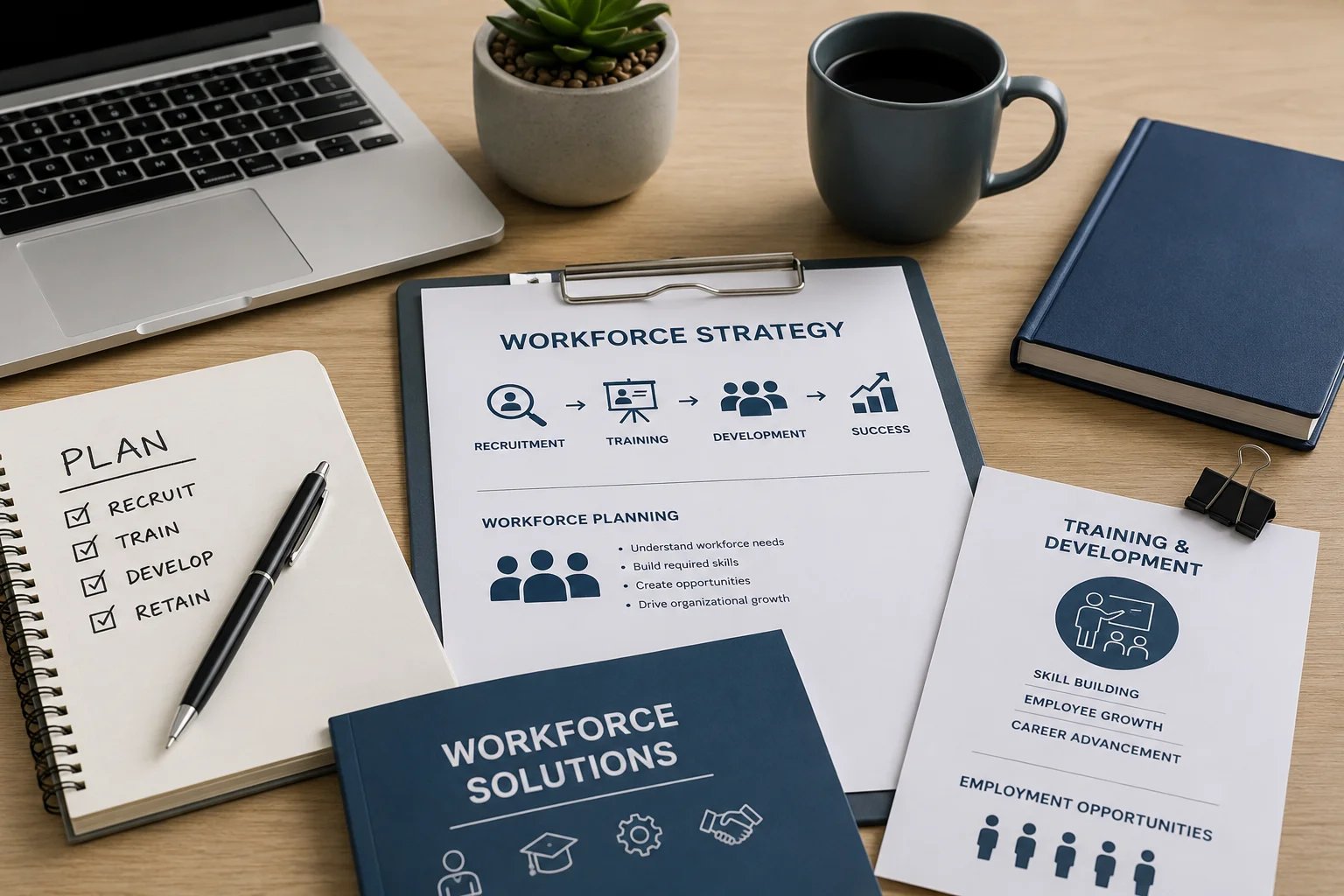 Workforce strategy documents on a desk with a laptop and coffee.